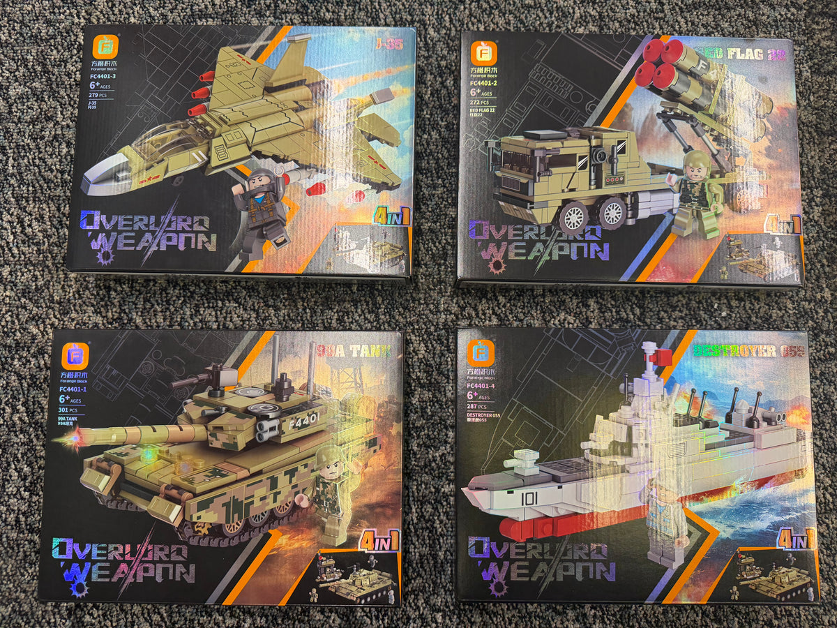 Military 4-Set Bundle – 99A Tank, HQ-22 Missile Launcher, J-35 Fighter & Type 055 Destroyer – 1,139 Pieces