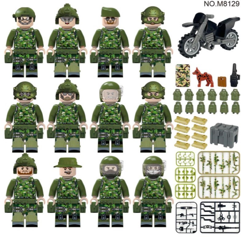 Wolf Warrior Jungle Recon Unit – 12 Tactical Minifigures with Motorcycle & K-9