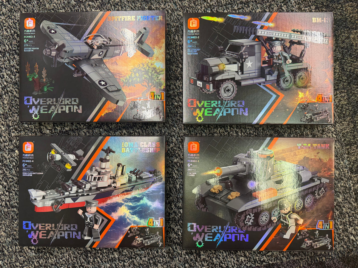WWII Landing Battle 4-Set Bundle – T-34 Tank, BM-13 Katyusha, Spitfire Fighter & Iowa-Class Battleship – 1,144 Pieces
