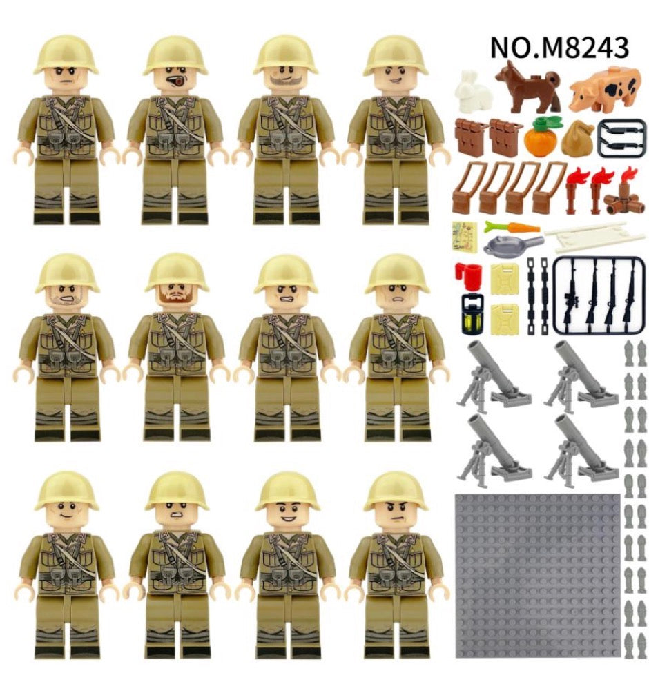 WWII Italian Army Mortar Team Minifigure Set – 12 Soldiers with 4 Mortars