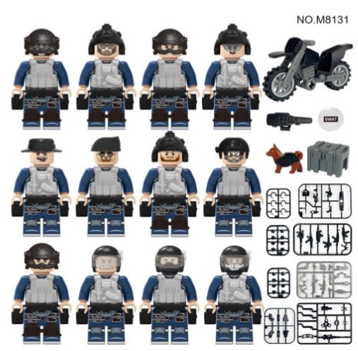 SWAT Tactical Team Minifigure Set – 12 Officers with Motorcycle & Accessories